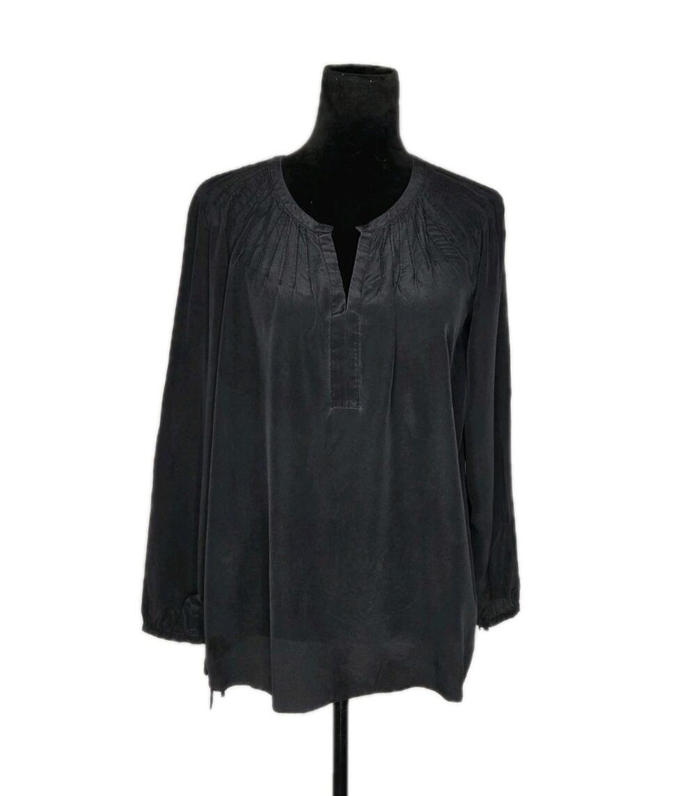 Lilly Pulitzer Silk Pintuck Tunic Blouse Black Long Sleeve Split Neck Top M Luxe